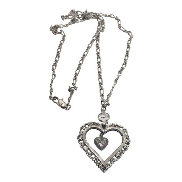 Vintage Puffy Heart Necklace Silver Filigree Ornate Openwork Swarovski Crystal - Picture 2 of 9